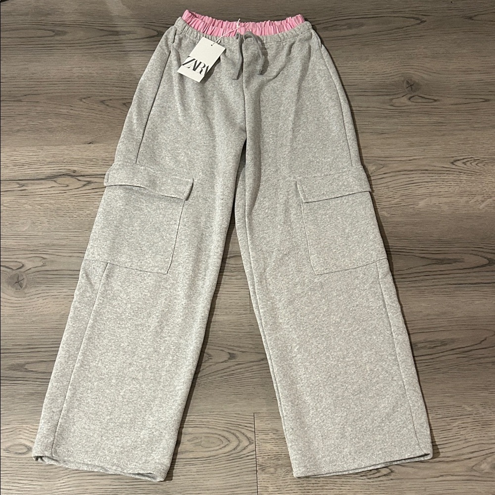 Zara Kids Gray Cargo Pants with Pink Waistband Girl’s Size 13-14